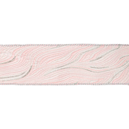 Pink woven agate ribbon: swirly silver patterns, wired edges – soft elegant weave.