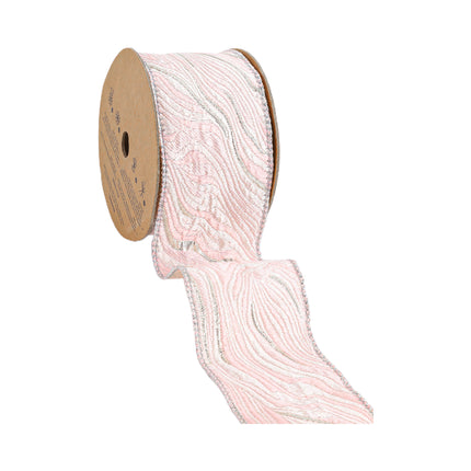 Pink wired agate ribbon spool: swirly silver weave – stylish decor supply.