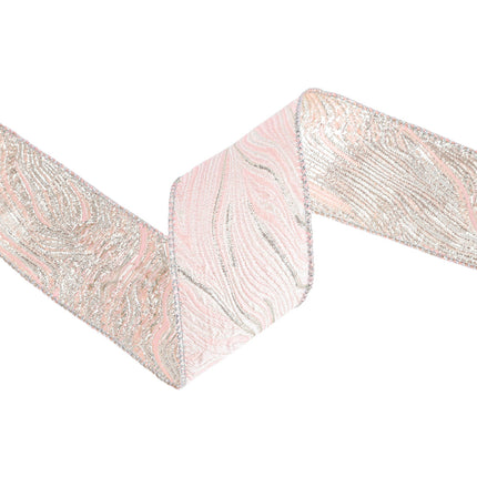 Folded pink wired agate ribbon: swirly silver texture – lush dual-tone decor.