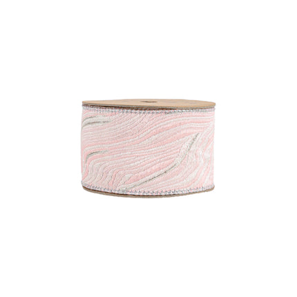 Pink wired woven agate ribbon spool: swirly silver weave – chic decor.