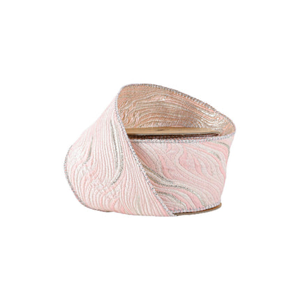 Pink wired woven agate ribbon: swirly silver texture, stitched edges – luxe decor.