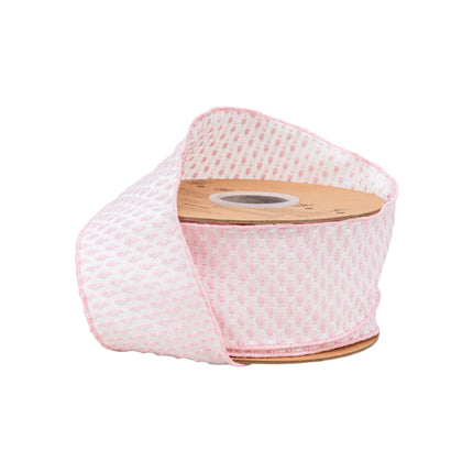 2 1/2" Wired Ribbon with soft pink and white woven dot texture, perfect for baby shower decor and gift wrapping.