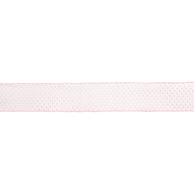 Pink and white woven dot 2 1/2" wired ribbon, adds a gentle, tactile touch to spring wreaths and table settings.