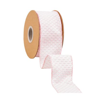 2 1/2" Wired Ribbon featuring pink and white woven pattern, crafts delicate bows for nursery styling and DIY crafts.