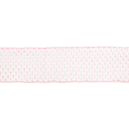 Pink and white woven dot 2 1/2" wired ribbon, adds a gentle, tactile touch to spring wreaths and table settings.