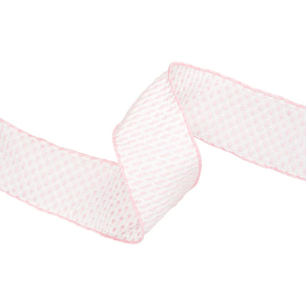 Textured pink and white woven 2 1/2" wired ribbon, elevates bridal shower accents and gift packaging.