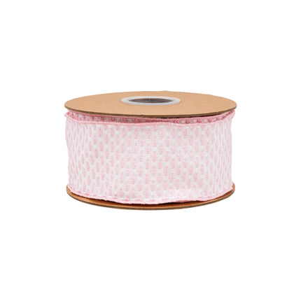 Airy pink and white woven dot 2 1/2" wired ribbon, ideal for creating charming, timeless accents in cottage-style spaces.