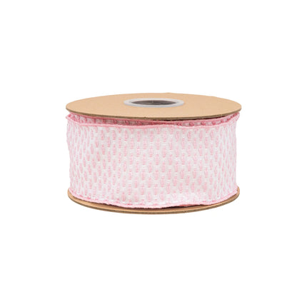 Airy pink and white woven dot 2 1/2" wired ribbon, ideal for creating charming, timeless accents in cottage-style spaces.