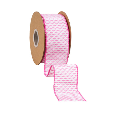 2 1/2" wired ribbon with pink woven pattern on white base