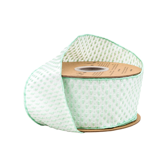 2 1/2" wired green/white woven ribbon ideal for garden party gift wrapping & spring-themed event decor