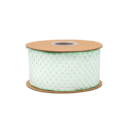 Airy green and white woven dot 2 1/2" wired ribbon, ideal for creating calming, natural accents in cottage-style spaces.