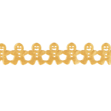Festive gold ribbon with gingerbread man cutouts, ideal for Christmas crafting, gift accents, and seasonal decorations.