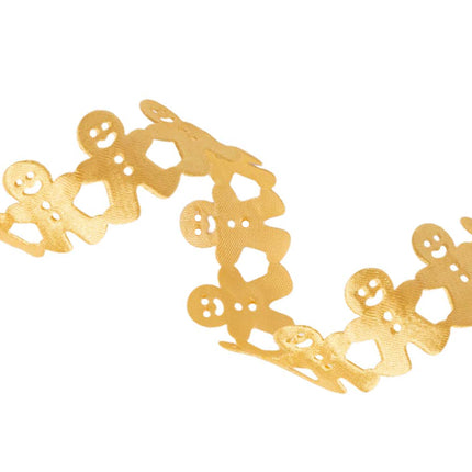Gold gingerbread man patterned ribbon, great for holiday decor, DIY projects, and Christmas gift embellishments.