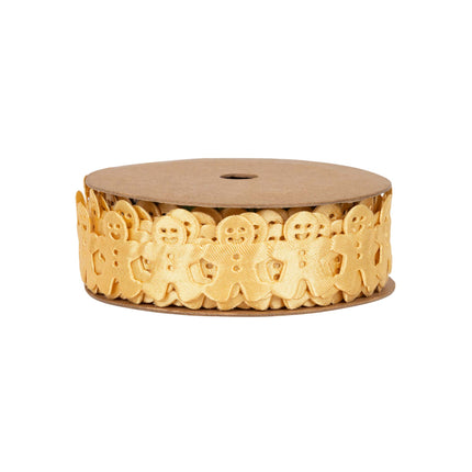 Christmas ribbon with gold gingerbread man design, perfect for festive wrapping, decor, and creative crafting ideas.