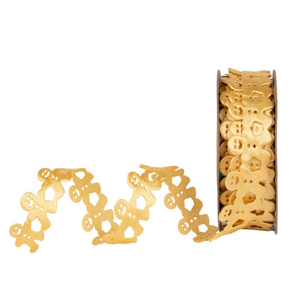 Gold gingerbread man ribbon spool, perfect for Christmas decor, gift wrapping, and festive crafting.