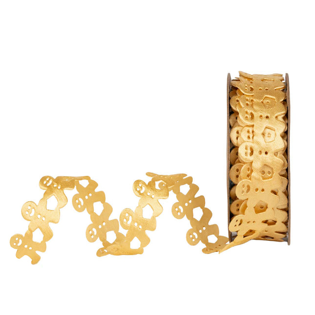Gold gingerbread man ribbon spool, perfect for Christmas decor, gift wrapping, and festive crafting.