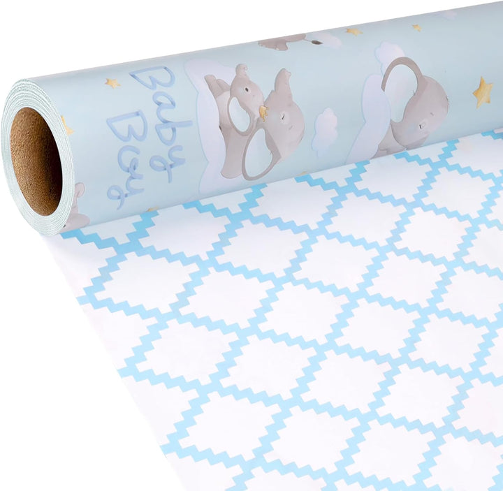 17" X 33' Reversible Wrapping Paper | Blue Elephant w/ Blue Quilted LaRibbons and Crafts
