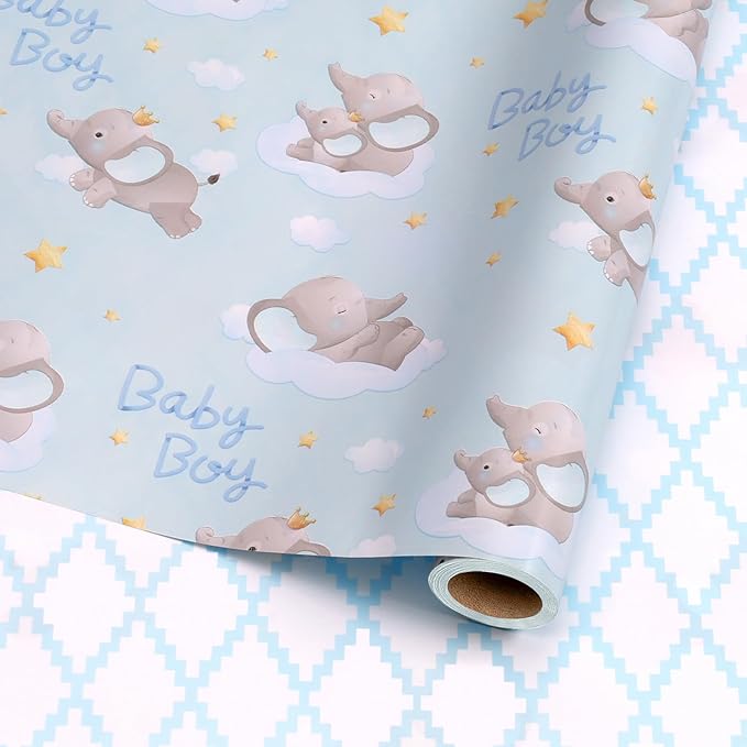 17" X 33' Reversible Wrapping Paper | Blue Elephant w/ Blue Quilted LaRibbons and Crafts