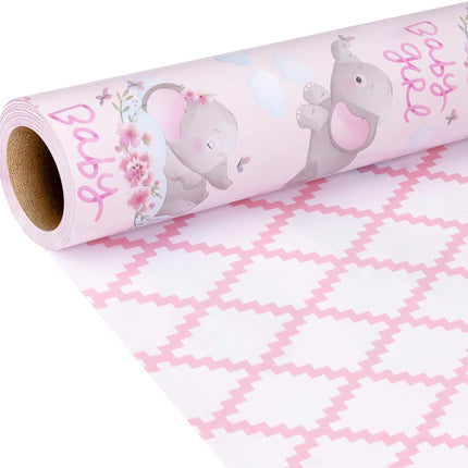 17" X 33' Reversible Wrapping Paper | Pink Elephant w/ Pink Quilted LaRibbons and Crafts