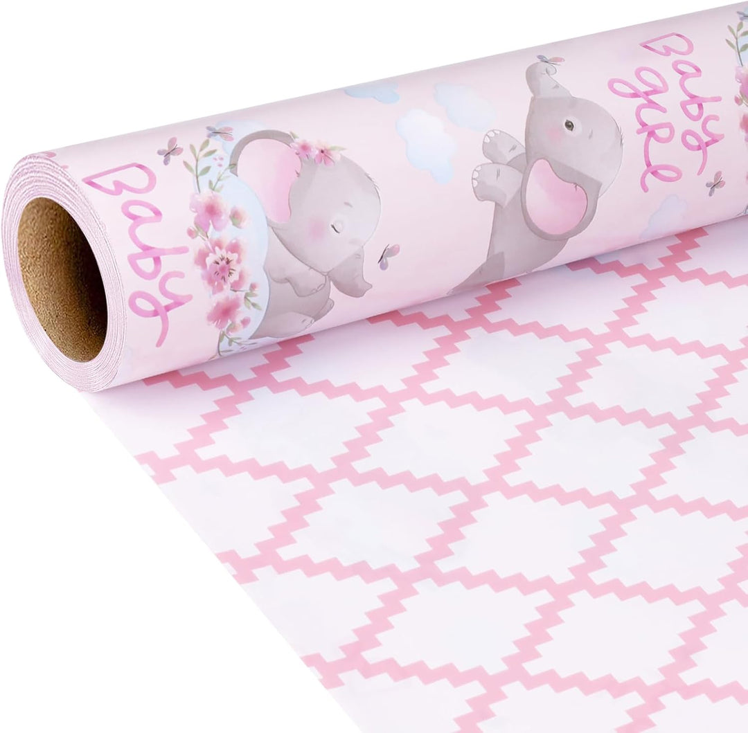 17" X 33' Reversible Wrapping Paper | Pink Elephant w/ Pink Quilted LaRibbons and Crafts