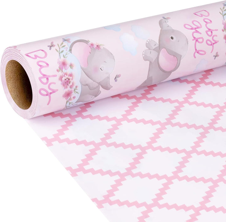 17" X 33' Reversible Wrapping Paper | Pink Elephant w/ Pink Quilted LaRibbons and Crafts