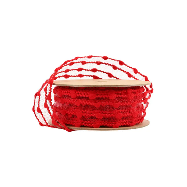 1 1/2" Wired Ribbon | Red Four Row Pom Pom | 10 Yard Roll LaRibbons and Crafts