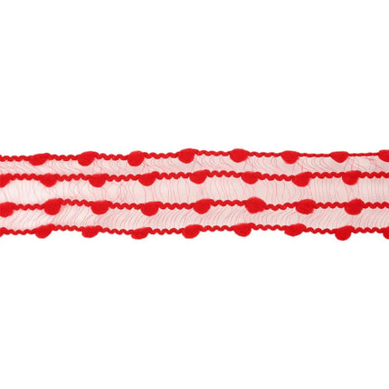 A red ribbon with a unique design: sheer fabric interwoven with red, four rows pom pom, creating a playful, textured look.
