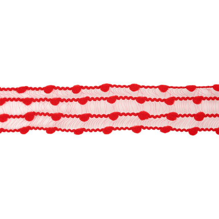 Close-Up of Red Four Row Pom Pom Wired Ribbon, 1 1/2" Width, Mesh with Red Pom-Pom Rows, Perfect for Crafting.
