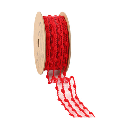  Angled Red Four Row Pom Pom Wired Ribbon on Spool, 1 1/2" Width, Mesh & Pom-Poms, Versatile for Decor.