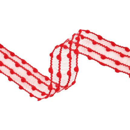 This red ribbon with a delicate, lacy structure, featuring red pom-pom details on a sheer background.