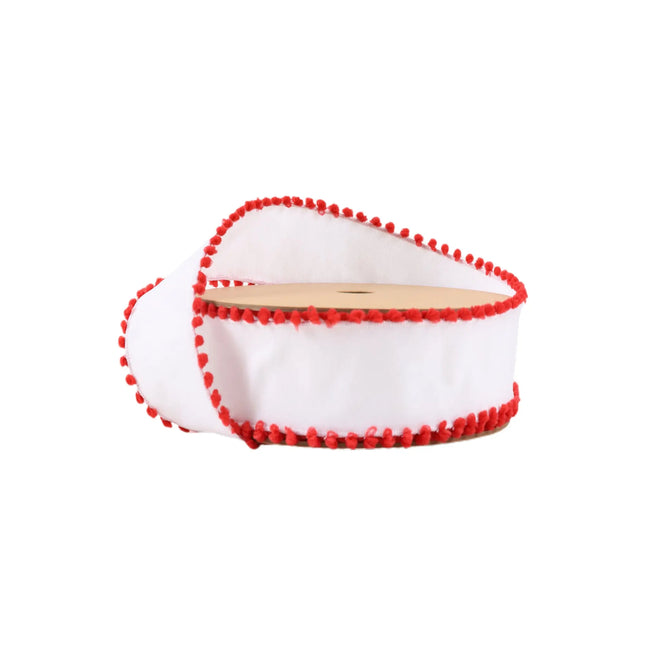 1 1/2" Wired Ribbon | White w/ Red Pom Pom Edge | 10 Yard Roll LaRibbons and Crafts