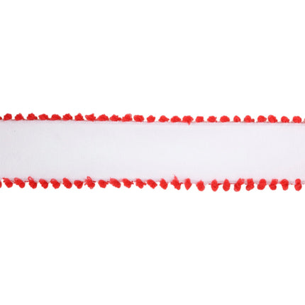 The ribbon with a white base and red pom-pom edges, perfect for Christmas projects.