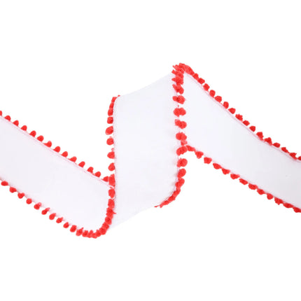 A length of ribbon with a white fabric base and red pom-pom trim, suited for Christmas decor, gift wrapping.