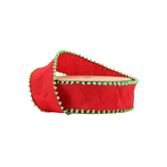 1 1/2" Wired Ribbon | Red w/ Lime Green Pom Pom Edge | 10 Yard Roll LaRibbons and Crafts