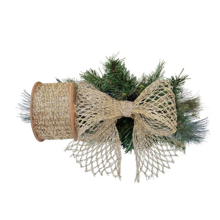 Gold Stretch Tinsel Netting Wired Ribbon on Spool & Mesh Bow with Pine Branches, Shiny Metallic Weave