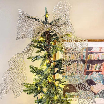 Large Bow on Christmas Tree Top with 6" Gold Stretch Tinsel Netting Wired Ribbon, Shiny Metallic Mesh