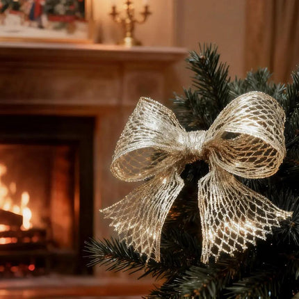 Christmas Tree Bow with 6" Gold Stretch Tinsel Netting Wired Ribbon, Shiny Metallic Mesh Weave, Elegant Festive Decoration