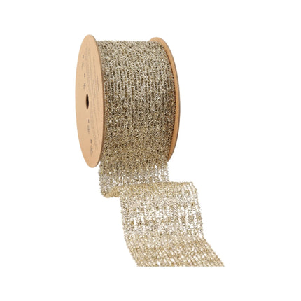 6" Gold Stretch Tinsel Netting Wired Ribbon on Spool, Partially Unrolled, Shiny Metallic Mesh for Decor