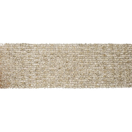 Close-Up of 6" Gold Stretch Tinsel Netting Wired Ribbon, Shiny Metallic Mesh Weave Detail, Perfect for Holiday Crafting