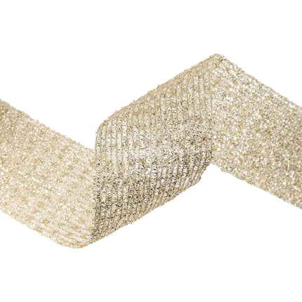  Unrolled 6" Gold Stretch Tinsel Netting Wired Ribbon, Wavy Shape with Shiny Metallic Mesh, Great for Festive Bows