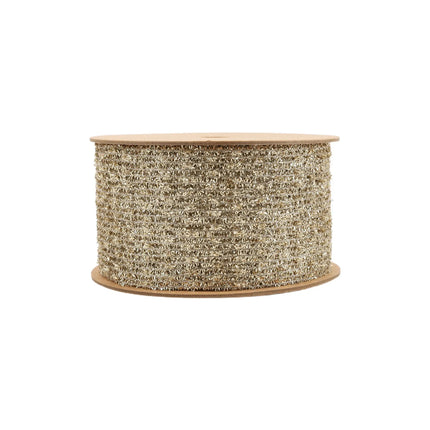 6" Gold Stretch Tinsel Netting Wired Ribbon on Wooden Spool, Shiny Metallic Mesh Weave, Ideal for Christmas Decor
