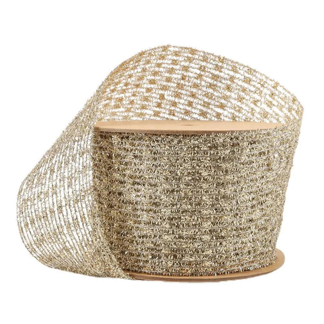 6" Gold Stretch Tinsel Netting Wired Ribbon on Spool, Partially Unfolded, Shiny Metallic Mesh for Christmas Crafts