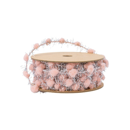 Pink tinsel pom-pom spool: soft pink poms + shiny silver tinsel – cute festive decor.
