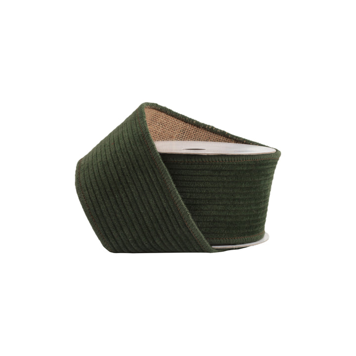 2 1/2" Wired Corduroy Ribbon | Green with Burlap Back | 5 Yard Roll