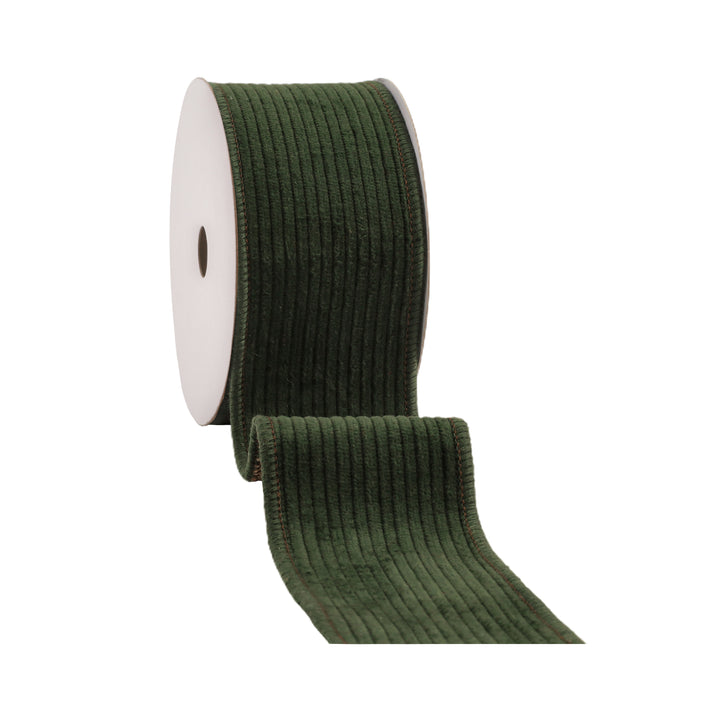 2 1/2" Wired Corduroy Ribbon | Green with Burlap Back | 5 Yard Roll