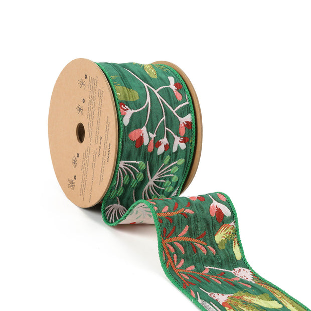 2 1/2" Reversible Floral Tapestry Wired Ribbon | Forest Green/Pink| 5 Yard Roll