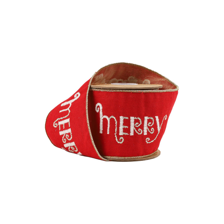 4" Wired Ribbon | Merry Christmas Embroidered on Red Canvas w/ Tissue Backing | 5 Yard Roll