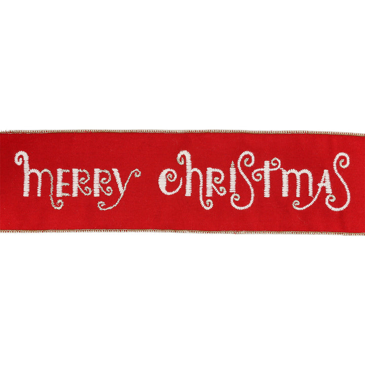 4" Wired Ribbon | Merry Christmas Embroidered on Red Canvas w/ Tissue Backing | 5 Yard Roll