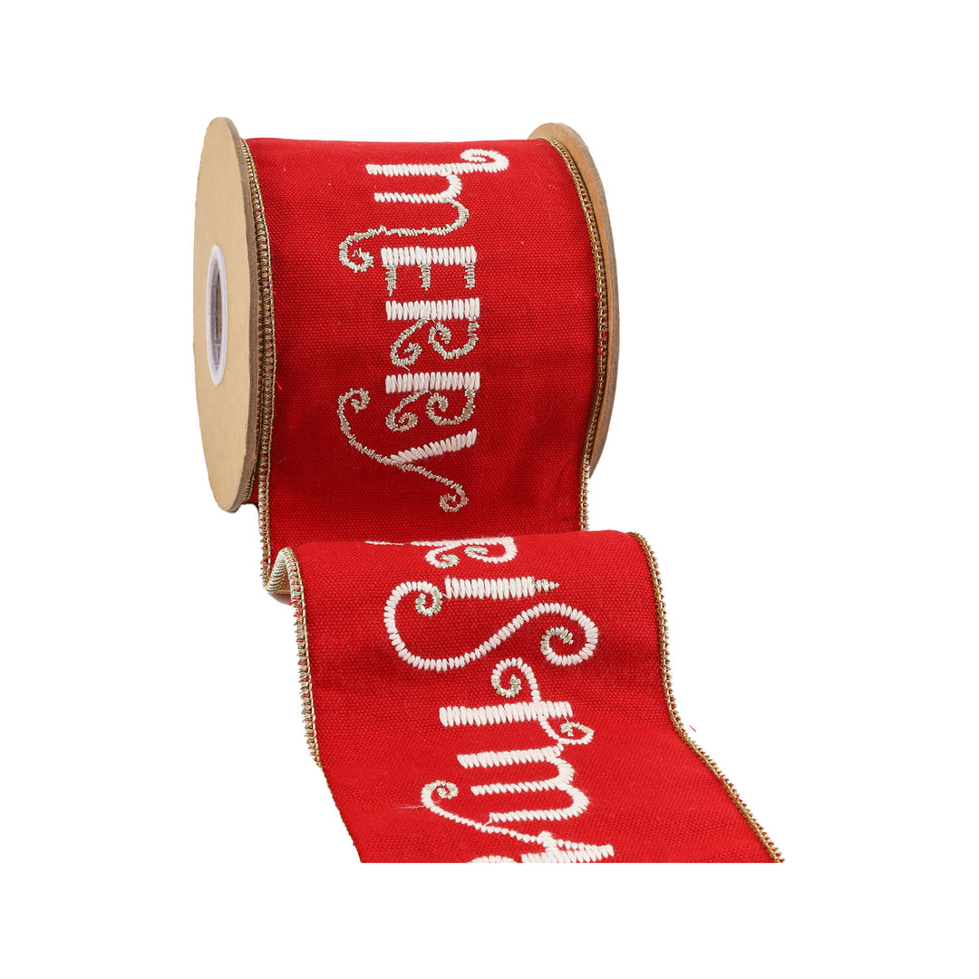 4" Wired Ribbon | Merry Christmas Embroidered on Red Canvas w/ Tissue Backing | 5 Yard Roll