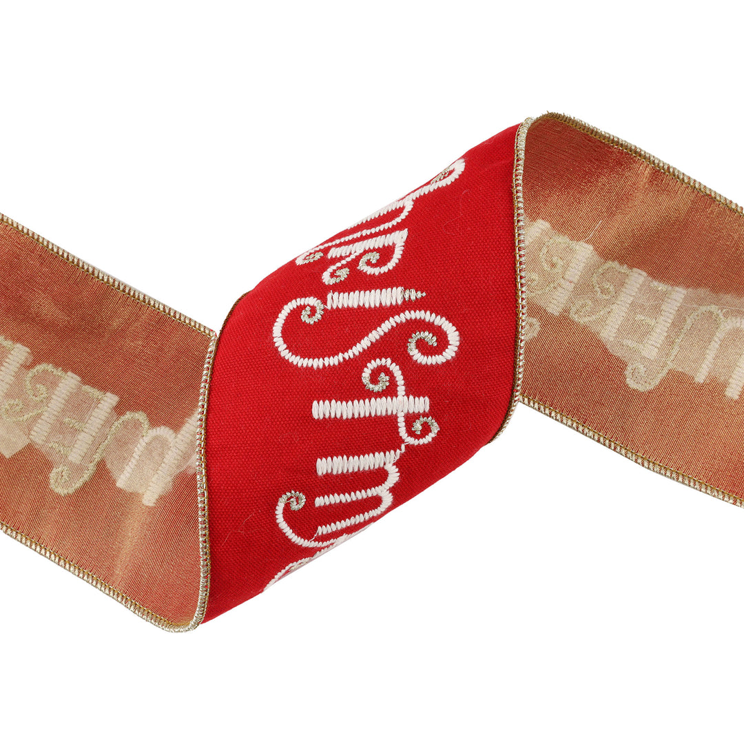 4" Wired Ribbon | Merry Christmas Embroidered on Red Canvas w/ Tissue Backing | 5 Yard Roll